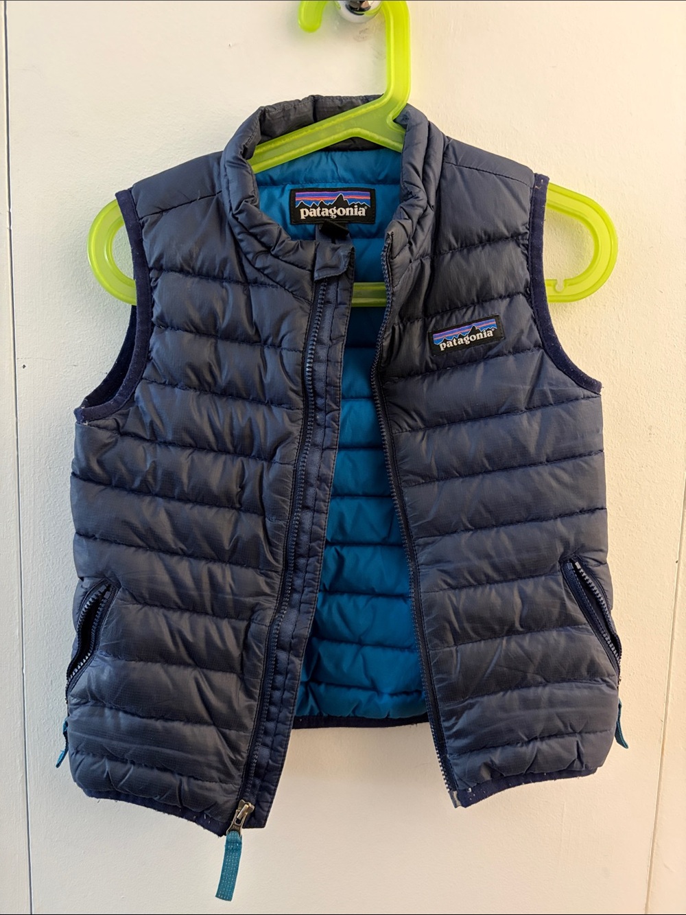 Patagonia Navy Down Sweater Vest with Teal Inner